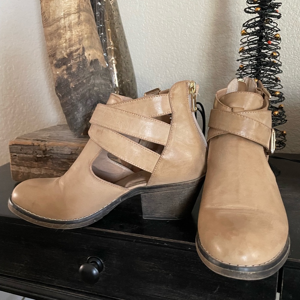 Report tan leather booties!